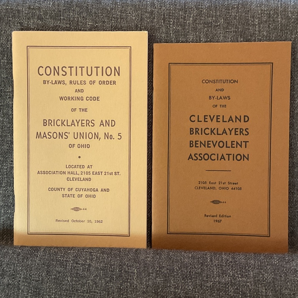 Bricklayers Union Constitution Booklets (CLEVELAND, OHIO 1962 &1967)